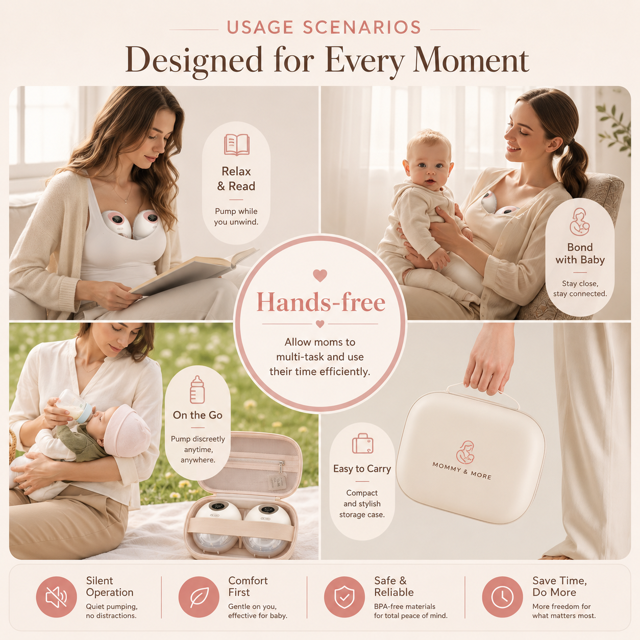 Usage scenarios - silent operation, hands-free, on the go, comfort first