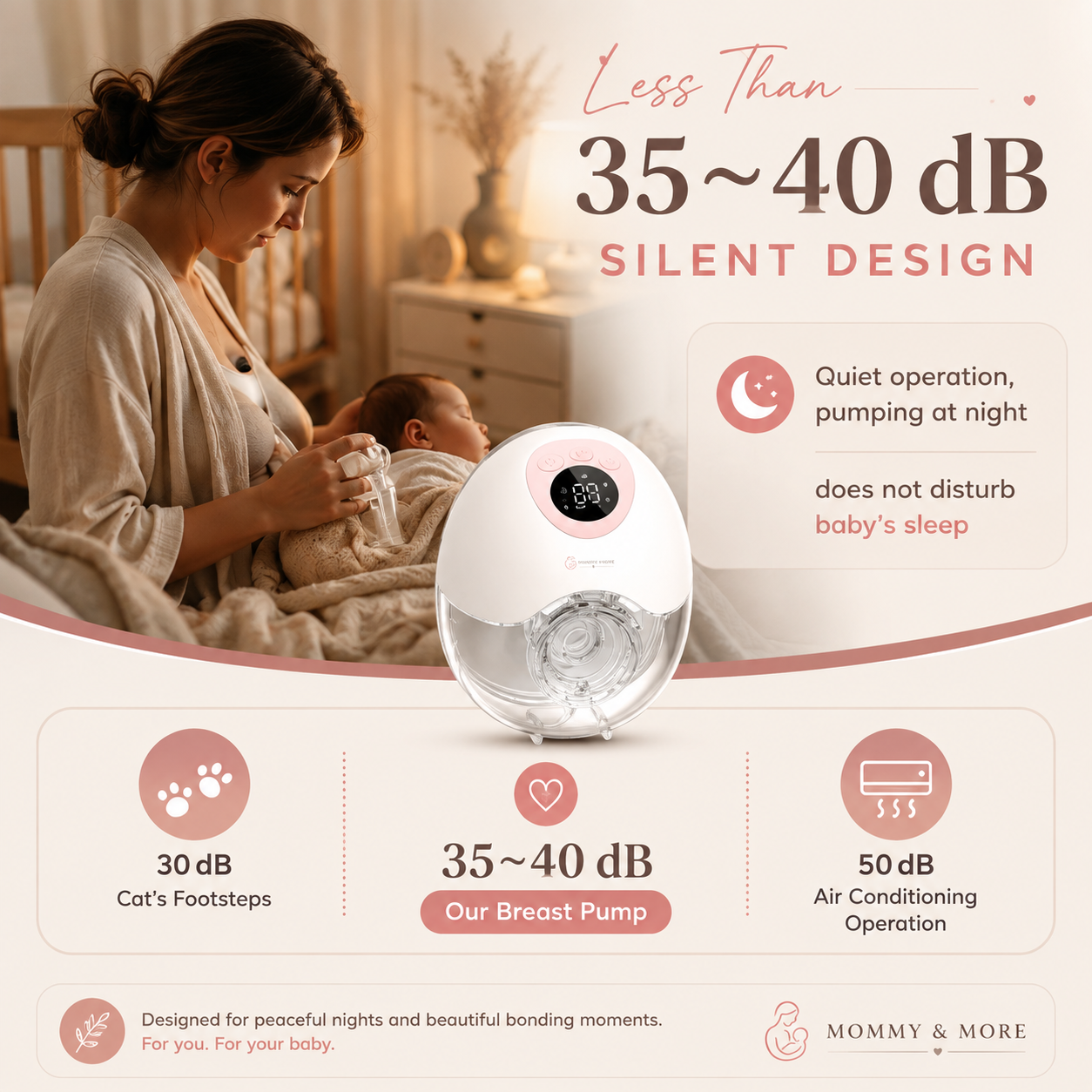 Whisper-quiet 35-40dB design, quieter than a cat's footsteps