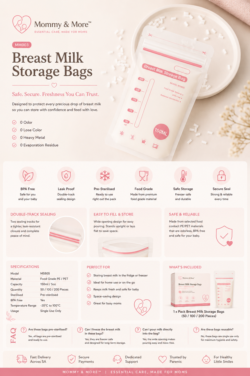 Breast Milk Storage Bags - easy fill and store design